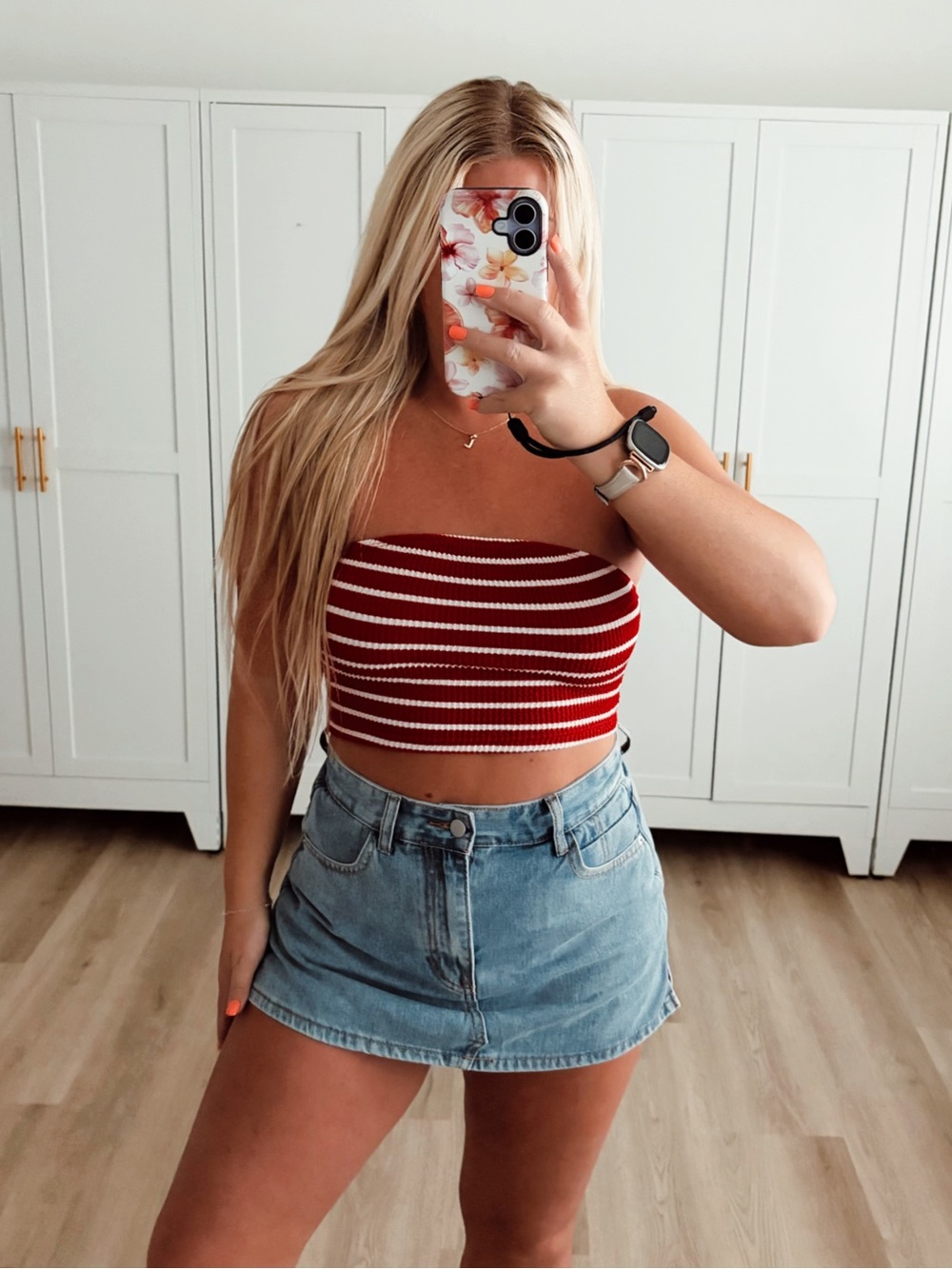 Red and white striped strapless crop top